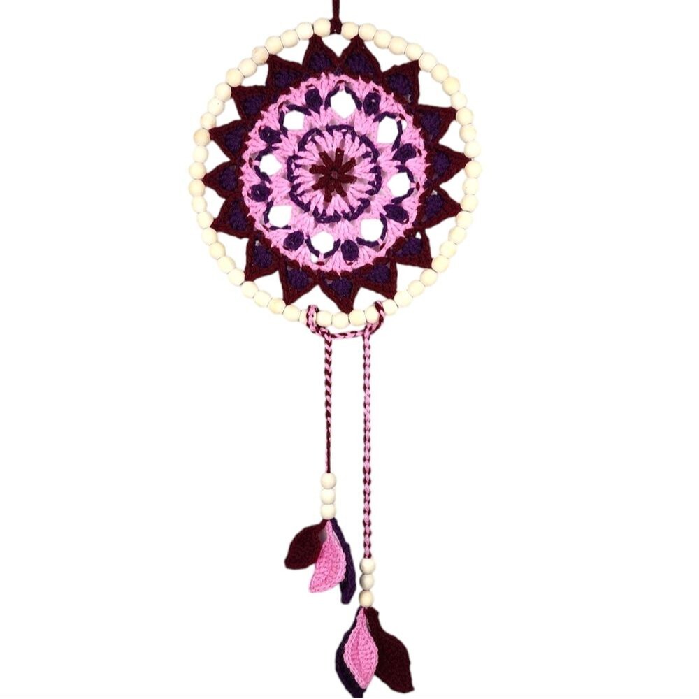 New Handmade Pink Burgundy Crochet Mandala Wall Hanging - Bohemian Home Decor